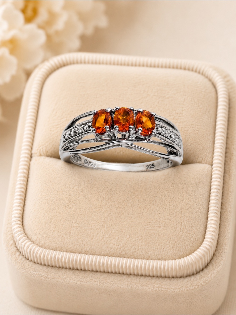 Fire Opal Sterling Silver 925 Three Stone Ring Orange Gemstone Size 7